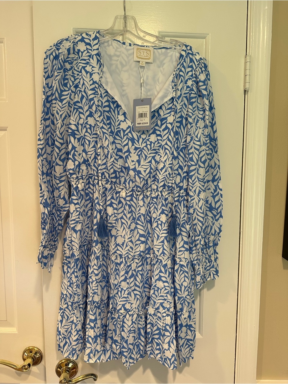 Sail to Sable Blue and White Leaf-Print Long-Sleeve Tiered Dress